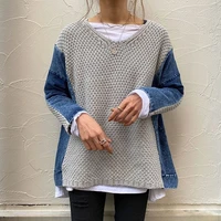 casual women patchwork sweater tops 2020 fashion japan korean style straight knitted denim jumper sweater new loose pullovers