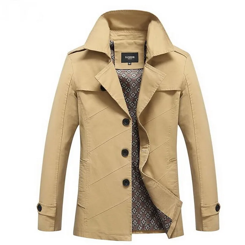 Мужской повседневный деловой тренчкот весенний однотонный из хлопка с эффектом