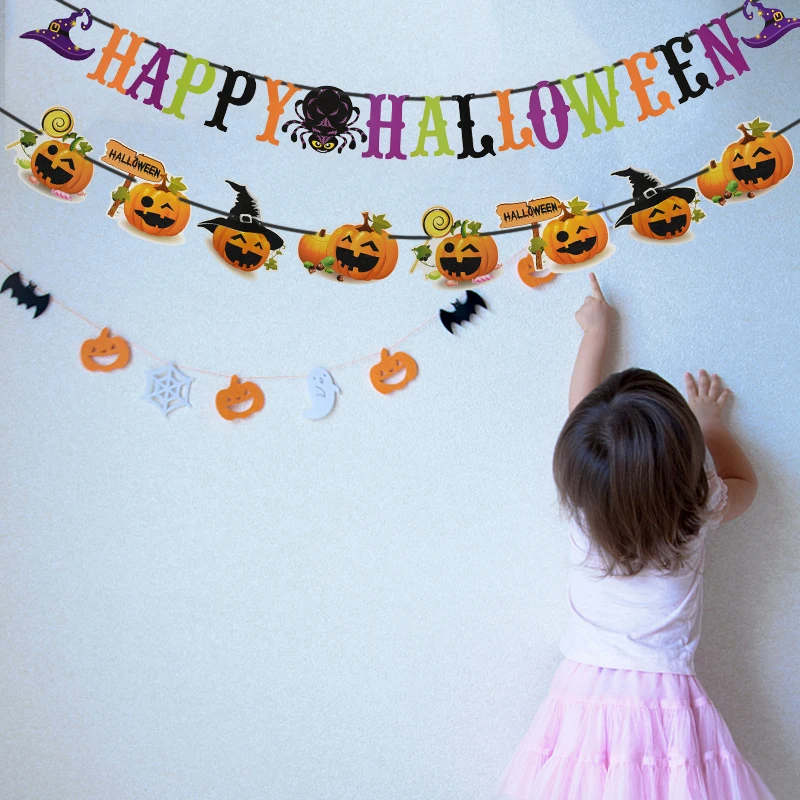 

1 Set Happy Halloween Paper Banner Ghost Pumpkins Witches Bunting Pennant For Halloween Party Home Decoration Scary Theme Decor