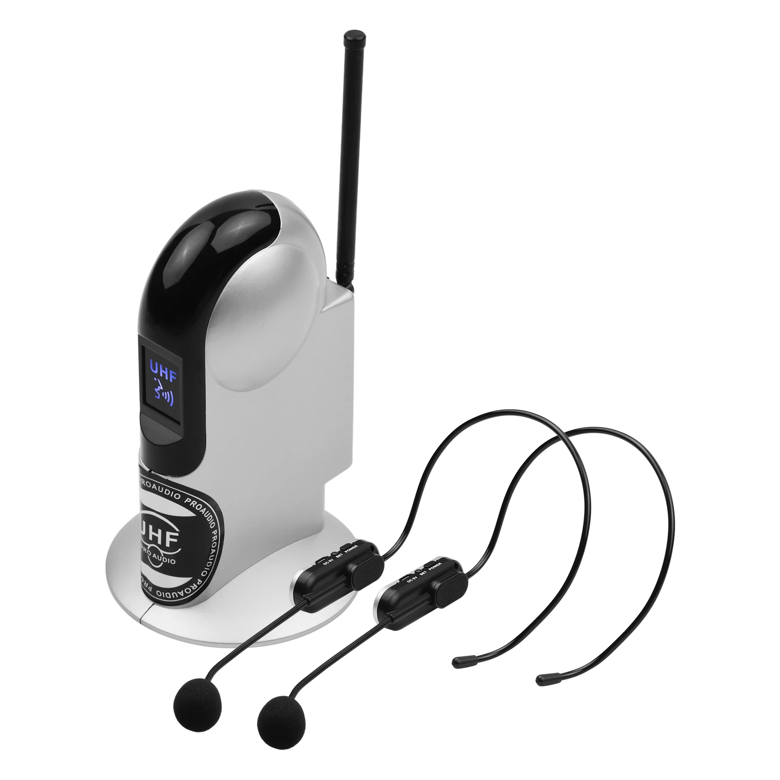 

UHF Wireless Microphone System with Dual Headset Microphones and Receiver with 6.35mm Audio Cable for Video Interview Broadcast