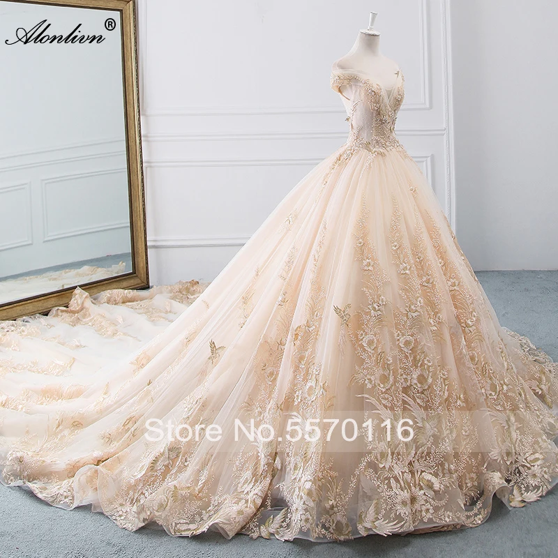 Alonlivn Lustrous Bling Appliques Beading Crystals Ball Gown Wedding Dress Chapel Train Scalloped Neck Bridal Gowns