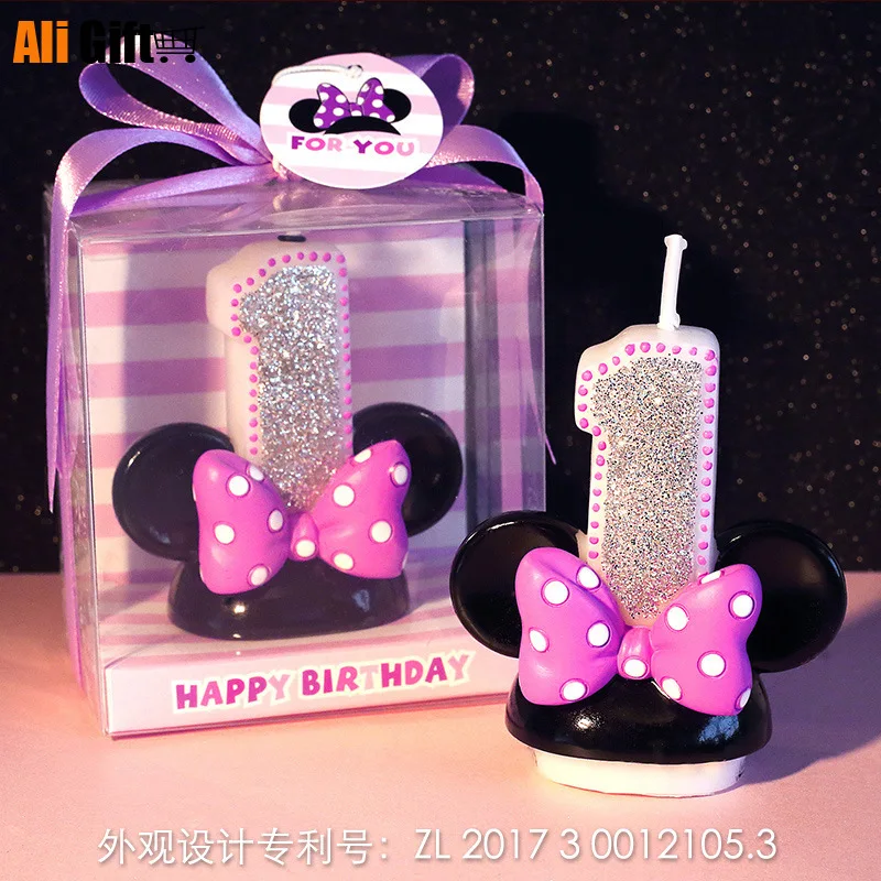 Свеча с цифрами на день рождения розовая свеча бантиком Микки и Минни для