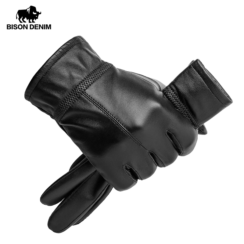 Мужские зимние теплые перчатки BISON DENIM из натуральной овечьей кожи черные