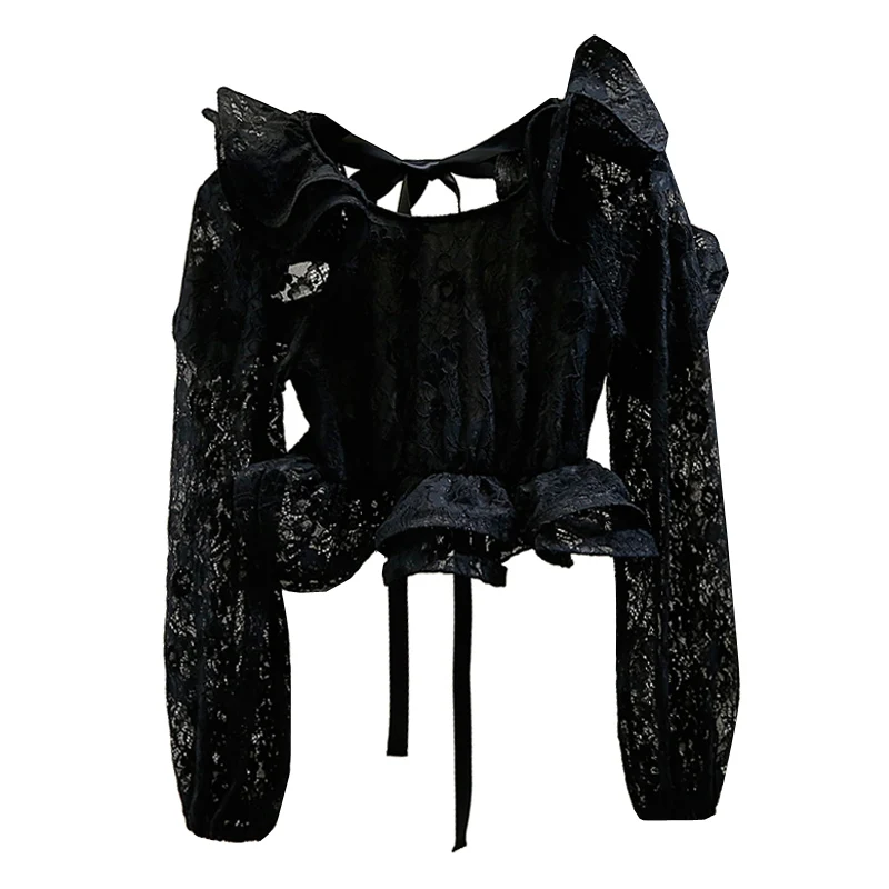 

Strap Bow Backless Lace Blouse Women Sweet Ruffled Short Navel Sexy Shirt Fashion Lady Sexy Crop Top 2021 Spring Nancylim