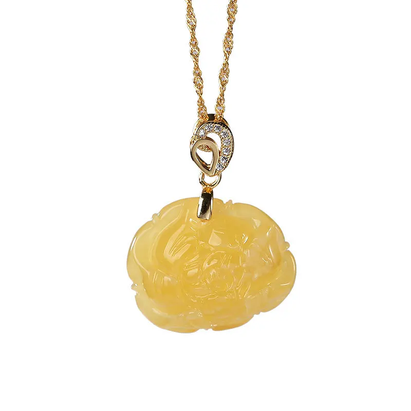 

S925 sterling silver gold plated Natural Amber Beeswax Pendant Retro National style Peony Flower Sweater chain Pendant