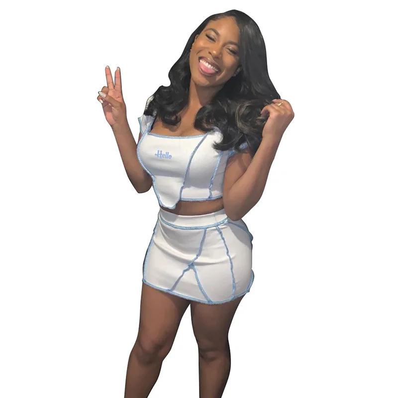 Double Strawberry Summer Short-sleeved letter emb Collar T-shirt High Waist Skinny Skirt Casual Suit Women Two Piece Outfits | Женская