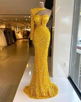 sparkly gold sequined mermaid evening dresses beads halter one shoulder long sleeves prom dress formal party gowns custom made