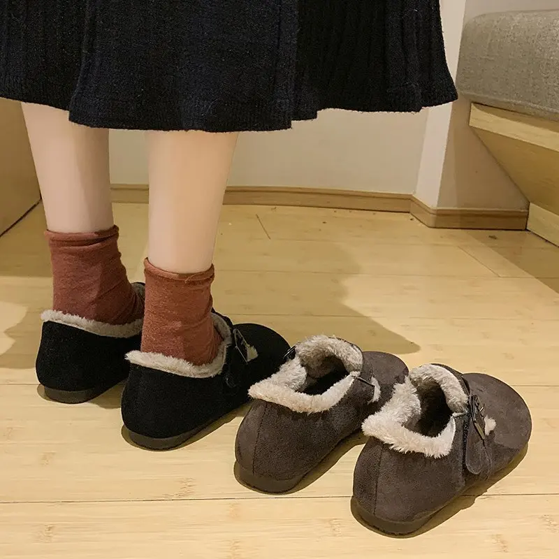 

Women Shoes Retro Loafers Fur Female Footwear British Style Flats Shallow Mouth Round Buckle Strap Sneakers Zapatos De Mujer