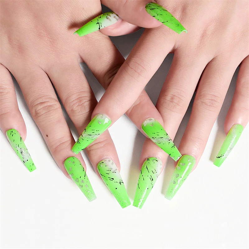 

Manicure Kit 24PCS Set Ballerina Nail Jelly Gel Full Cover Acrylic Coffin Long Fake Press On Nails With Designs Green Fingernail