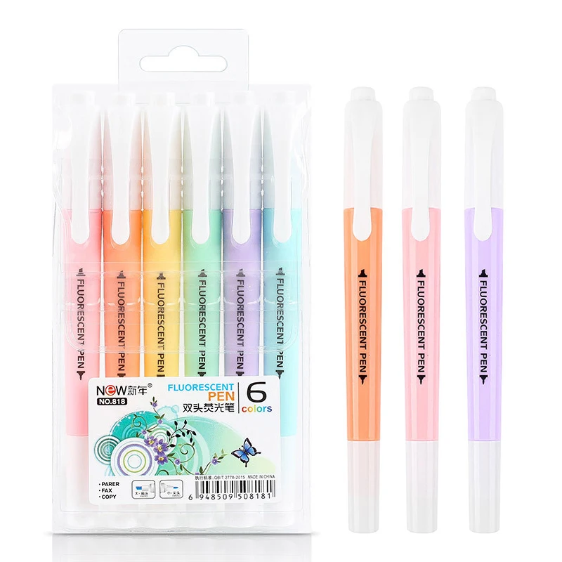 6Pcs/Set Double Head Fluorescent Highlighter Pen Markers Pastel Drawing Pen for Student School Office Supplies Cute Stationery