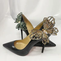 crystal butterfly women pumps pointed toe thin heels black slip on dress wedding bride high heels shoes size 34