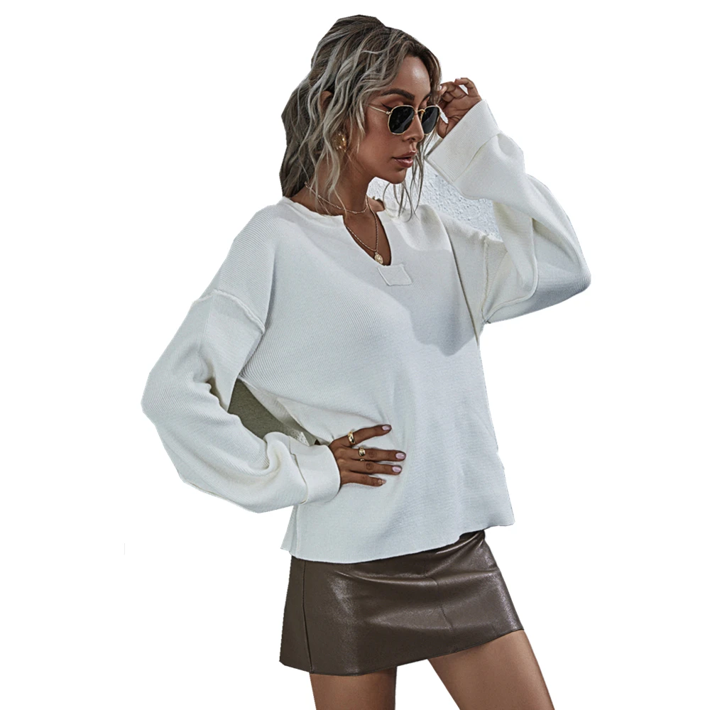 

2022 Повседневный женский свободный однотонный вязаный свитер с V-образным вырезом Топ с длинным рукавом женская одежда свитера женский свит...