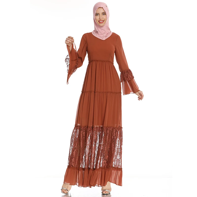 Новинка 2021, мусульманское шифоновое кружевное женское платье в стиле пэчворк, длинные платья Ближнего Востока с оборками и рукавами, элеган...