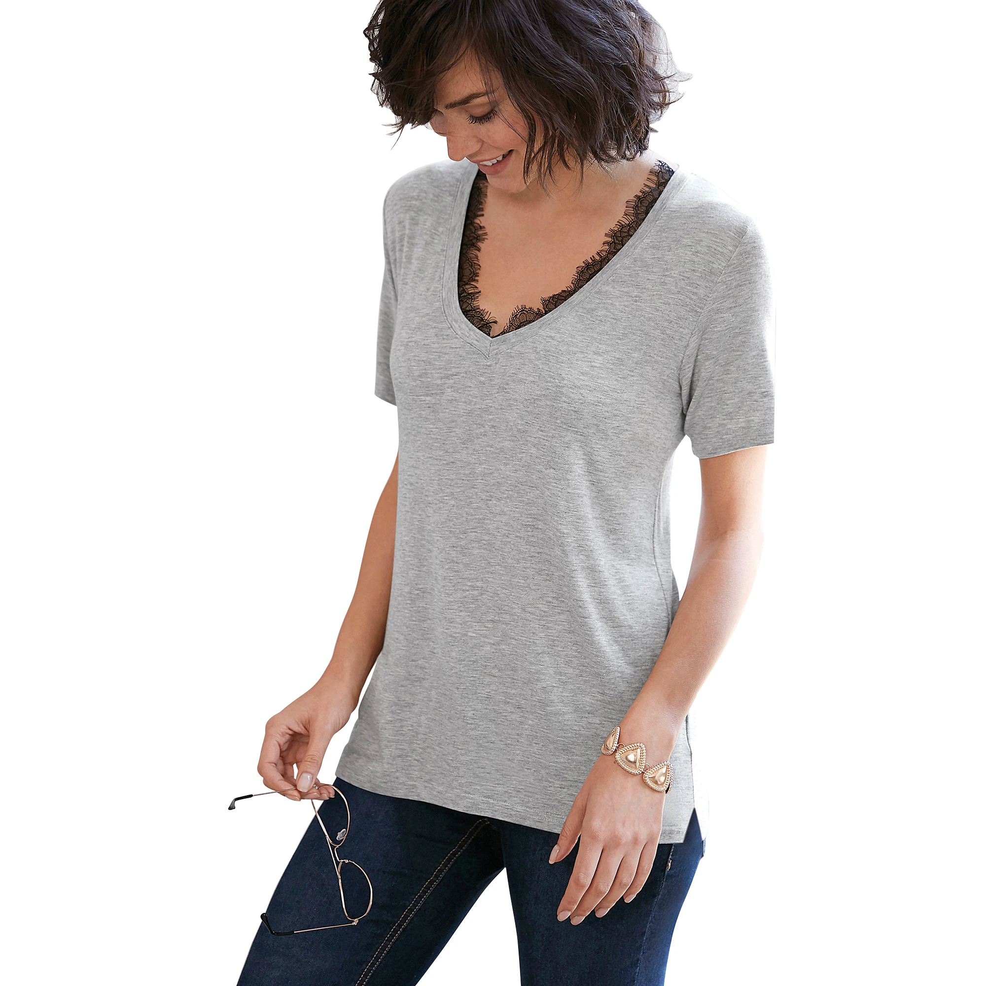 Camiseta puntilla en el escote mujer от VencaStyle 029614|Футболки| |