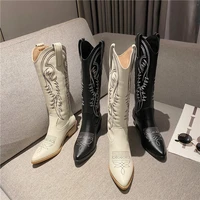 2021 autumn and winter sewing totem western cowboy boots female pointed toe thick heel indian leather women%e2%80%98s boots