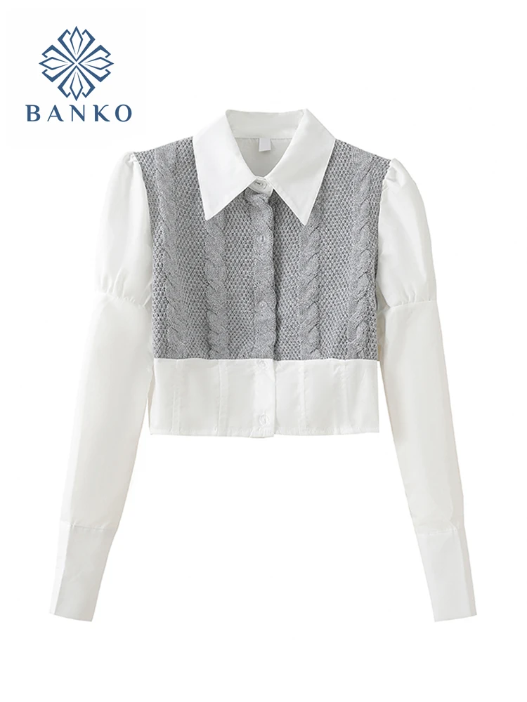 

Fashion Women Korean Patchwork Cardigan Blouses Shirt Short Tops Simple vintage Preppy Style Long Sleeve T-Shirt Elegant Female