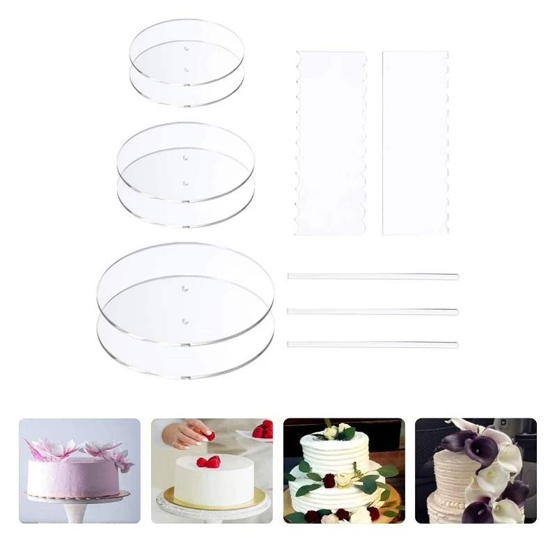 

Acrylic Round Cake Disk Set Cake Discs Circle Base Boards with Center Hole Pillar Comb Scrapers Decoration Cake Baking Tools