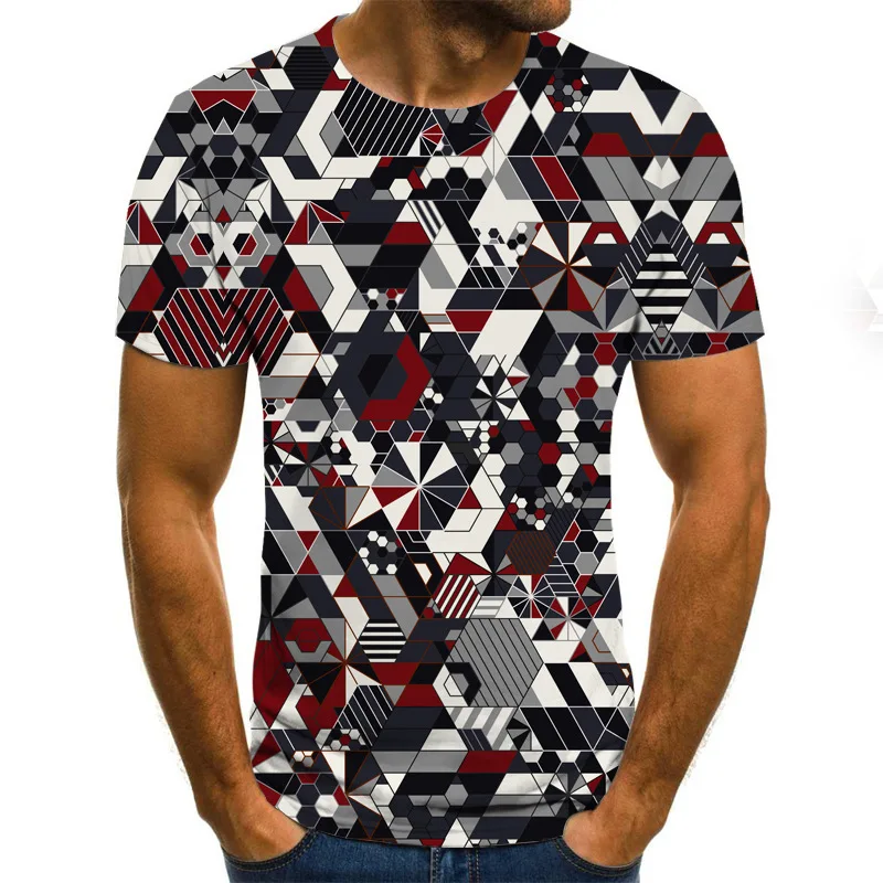 

2021 new summer men's 3DT shirt, geometric pattern three-dimensional digital short-sleeved pullover round neck men's T-shirt