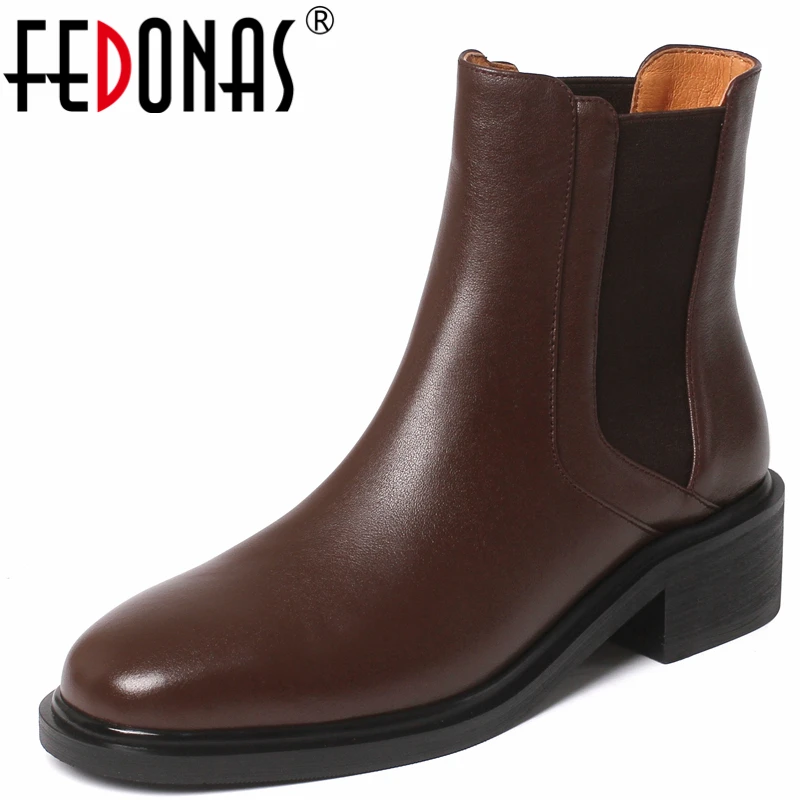 

FEDONAS Women Genuine Leather Ankle Boots Concise Mature Retro Basic Autumn Winter Thick Heels Working Casual Shoes Woman 2021