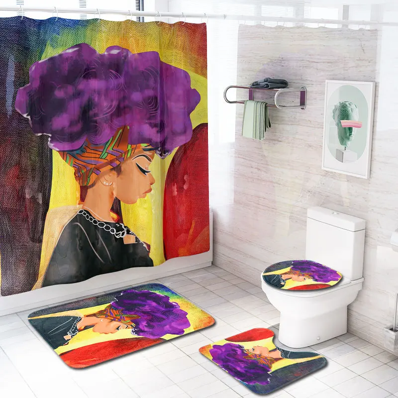 

Bathroom Shower Curtain Set 4PCS Non-Slip Rugs Toilet Lid Cover Bath Doormat African American Girl Explode Home Bath Decors