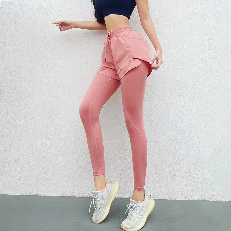 Sport Leggings Women Fake Two-Piece Yoga Pant With Pocket High Waist Gym Fitness Workout Tights Drawstring Running Trouser Femme