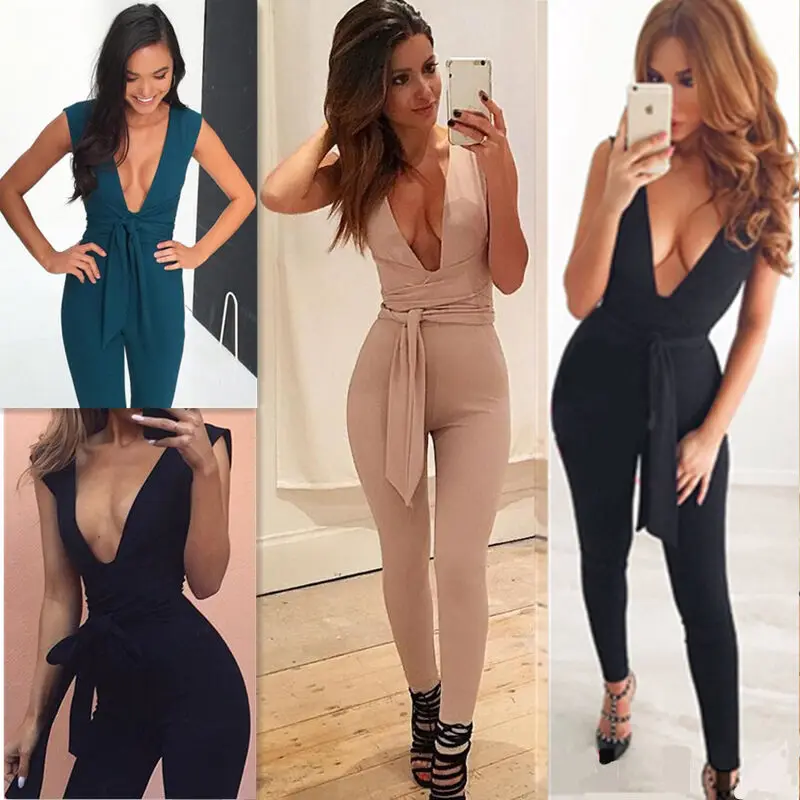 Женский однотонный комбинезон без рукавов вечерние комбинезоны с глубоким v