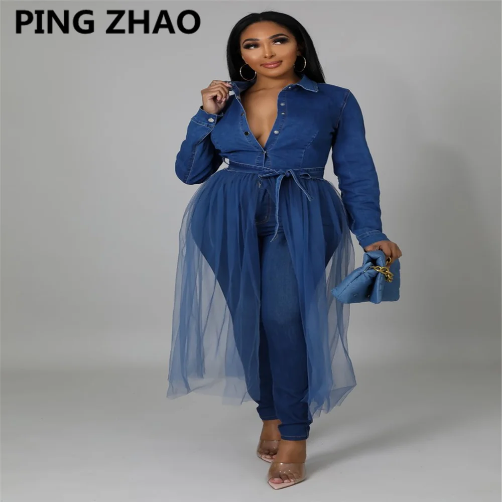 

Женская джинсовая рубашка в стиле пэчворк PING ZHAO