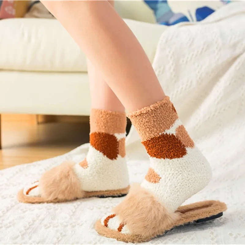 1 Pair New Arrivals Coral Fleece Socks Female Kawaii Tube socks Autumn Winter Cat Claws Cute Thick Warm Sleeping Floor | Женская одежда