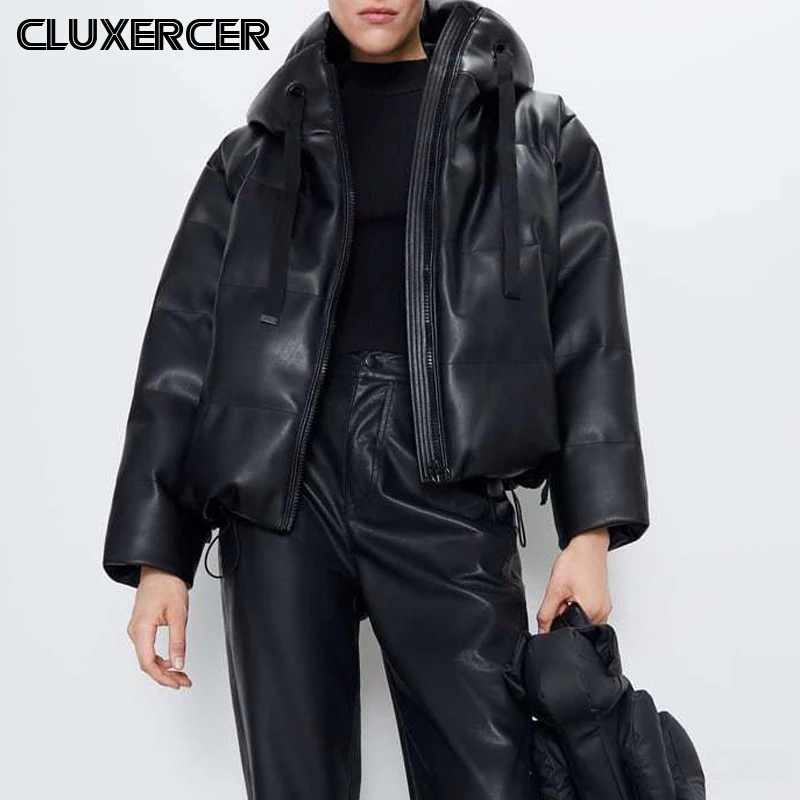 Зимняя куртка из искусственной кожи для женщин Новое модное утепленное пальто Pu