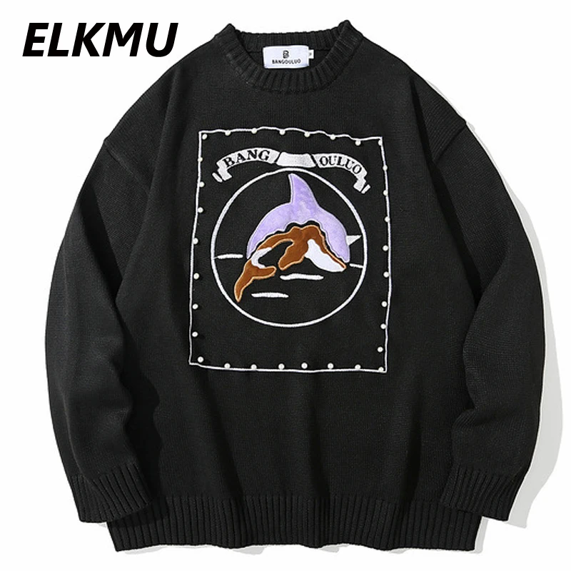 

ELKMU Cartoons Dolphin Knitted Sweaters Men Autumn Harajuku Oversize Knitwear Jumper Sweater Hip Hop Streetwear Male Tops HM434