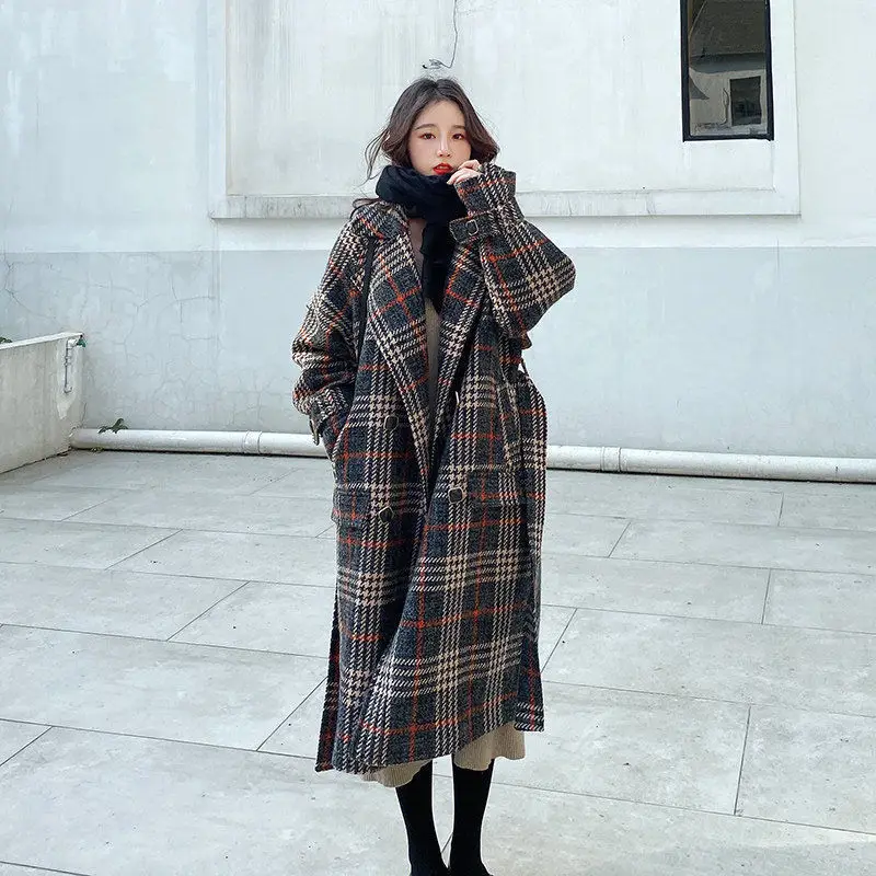 

Женское твидовое пальто с принтом, свободная Длинная утепленная куртка большого размера, Корейская Клетчатая Шерстяная Куртка, дамский пла...