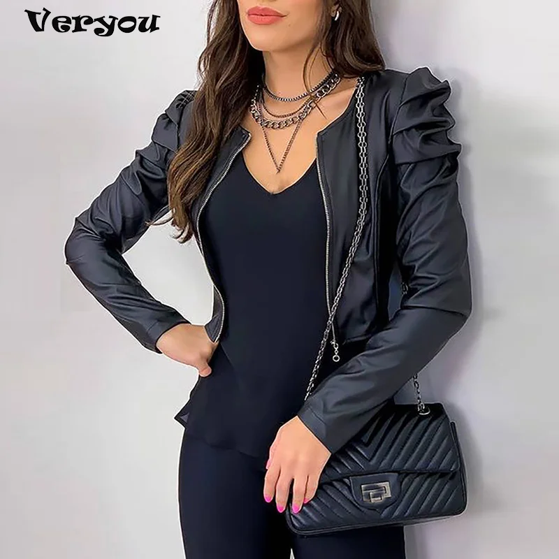 

2021 Jacket Women Zipper Leather Jackets Coat Autumn Puff Sleeve Black Outwear Coat Elegant Slim Jacket Women's Black Jack Coat