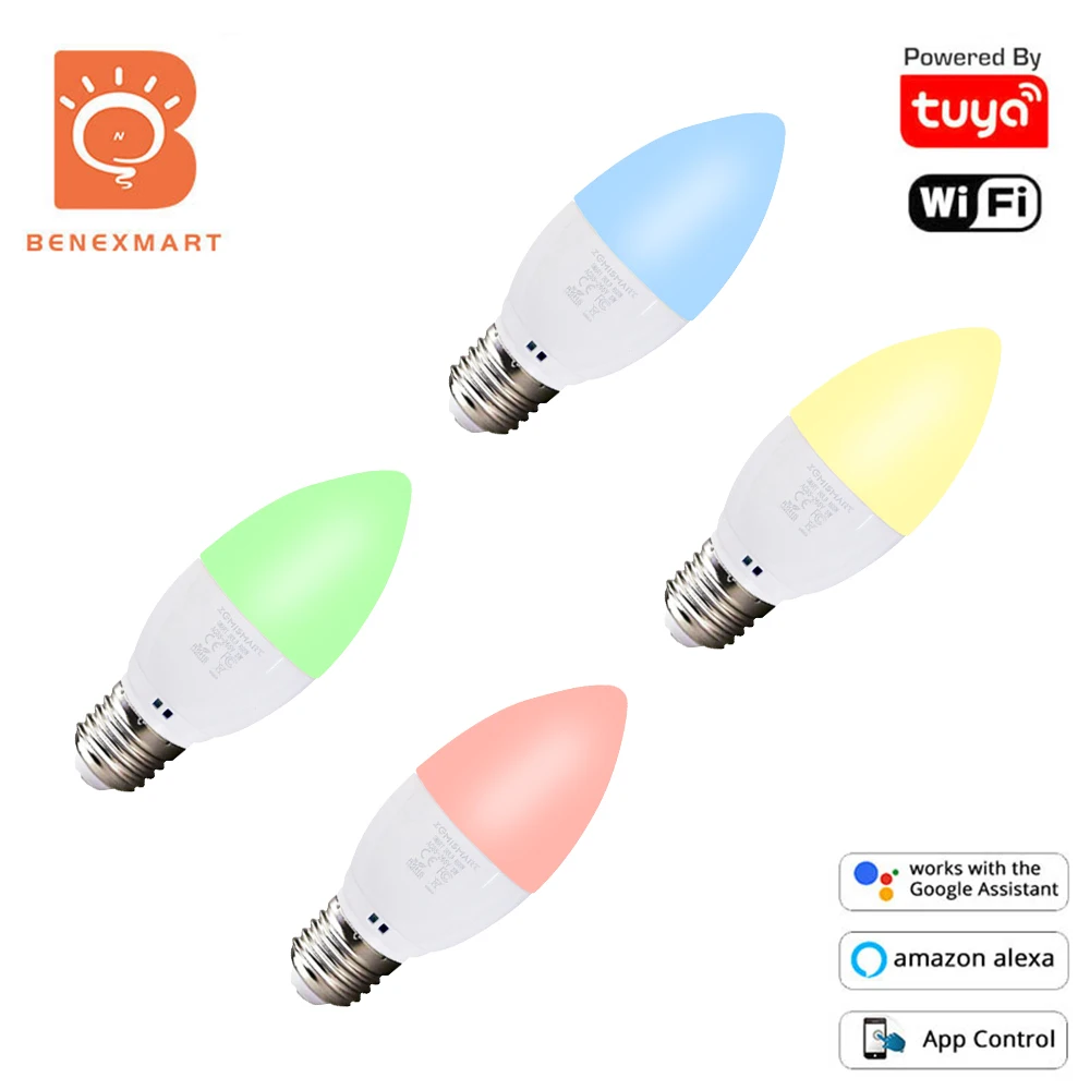 Benexmart 4 Pcs E27 Candle Bulb Tuya WiFi Smart Led Light Dimmable RGBW with Alexa Google Home Assistant Color Changing 460lm