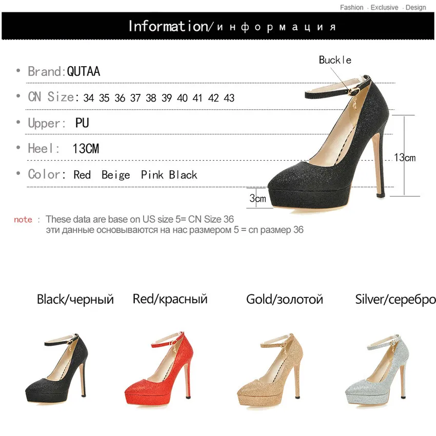 

QUTAA 2020 Women Pumps Fashion Women Shoes Pointed Toe Platform Pu Leather Thin High Heel Buckle Ladies Wedding Pumps Size 34-43