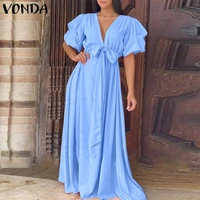 vonda elegant maxi dress 2022 summer women pleated bohemian sundress deep v neck sexy short sleeve belted party vestidos robe