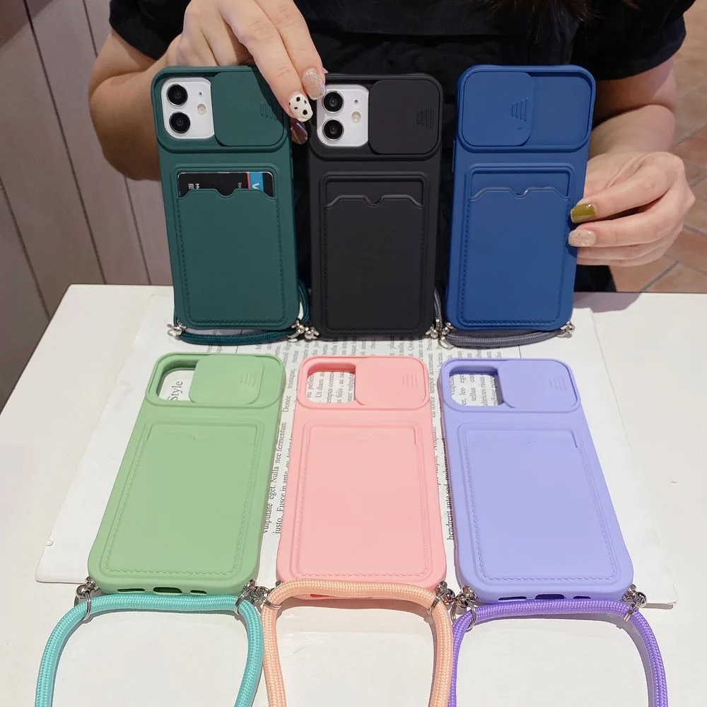 

Sliding Camera Lens Protection Phone Case For iPhone 12 11 Pro XS Max XR X 7 8 Plus, Lanyard, Necklace, Rope, Card, Pocket Cover