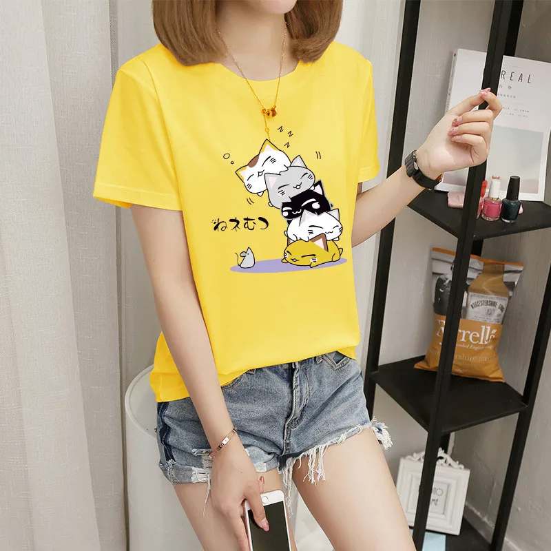 

Women's 2021 Summer Short Sleeve T-shirt Women's Cute Cartoon Cat Eat Fish Print T-shirt Harajuku Pure Cotton Crew Neck Top