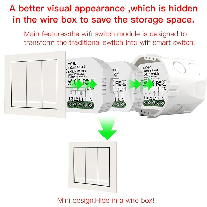 

Mini WiFi Smart Light Switch 3 Gang 1/2 Way Module Smart Life/Tuya App Control Works for Amazon Alexa and Google Home