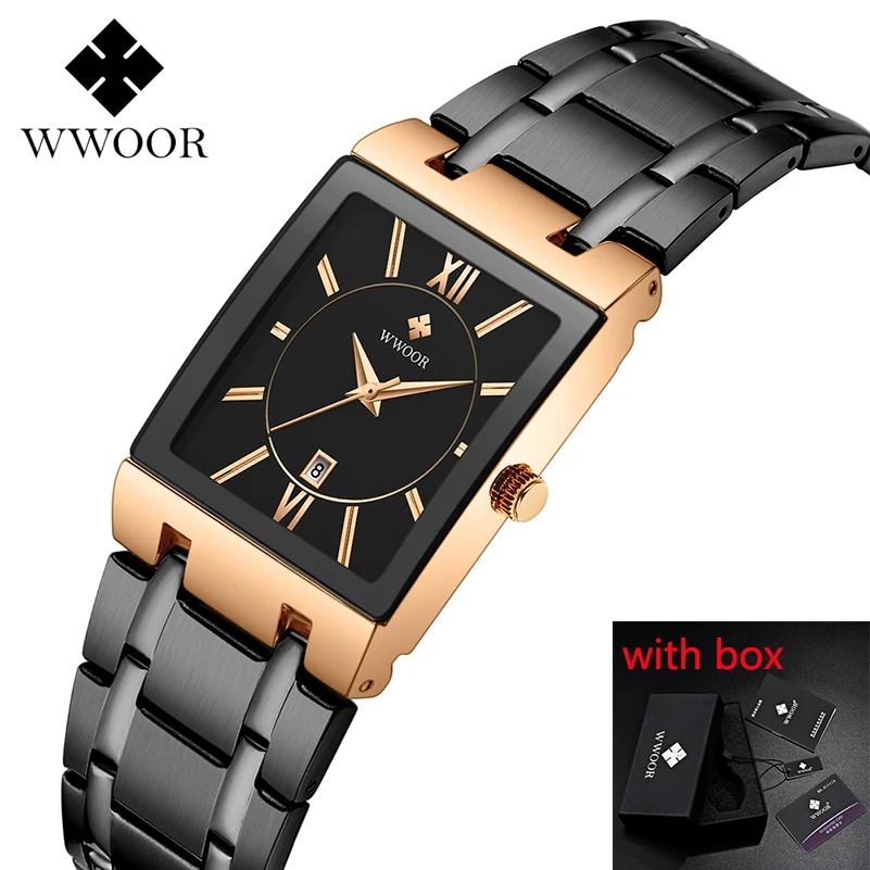 Часы наручные WWOOR Мужские кварцевые золотистые квадратные водонепроницаемые