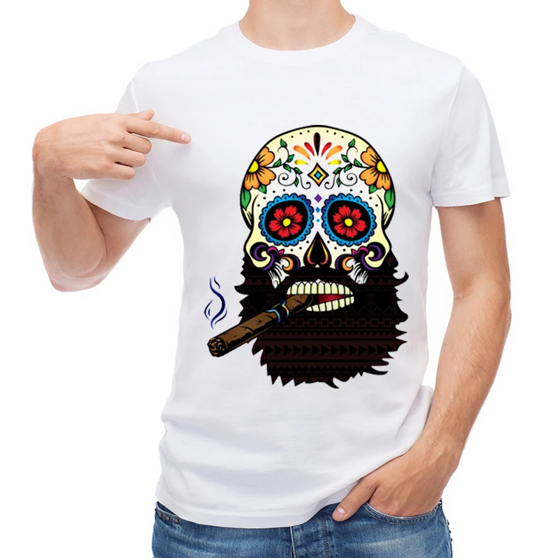 

TEEHUB Hot Sale Cigar Skull Men T Shirt Retro Smoking Floral Skull Printed T-shirt Short Sleeve Casual Sugar Skull Tops Boy Tees
