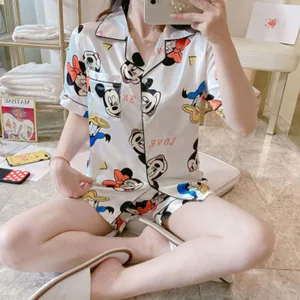 Комплект атласной пижамы с изображением Микки и Минни из Диснея, летняя женская одежда для сна, пижама с коротким рукавом для женщин, женская пижама