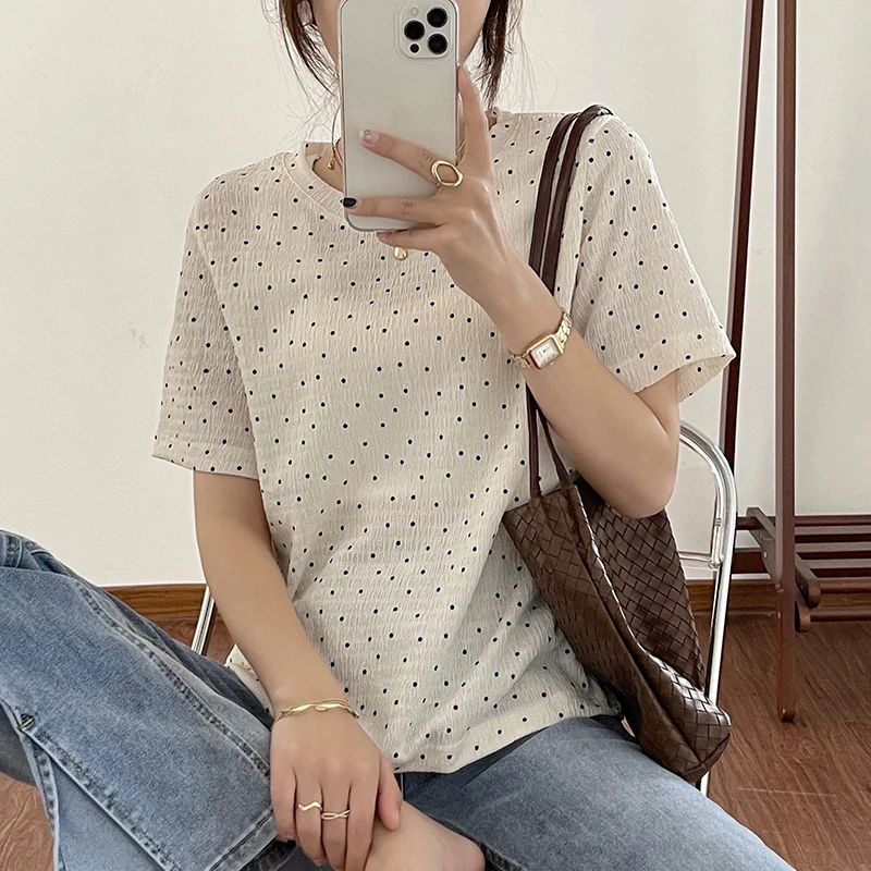 Женские винтажные повседневные футболки в горошек с круглым вырезом Модные