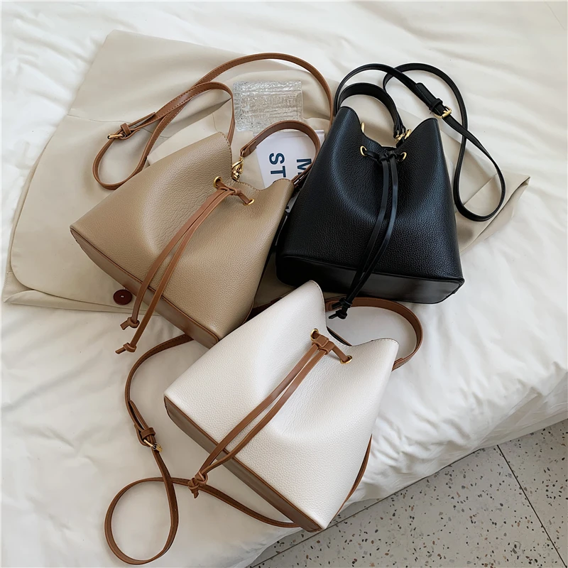 

Burminsa Drawstring Bucket Small Women Purses And Handbags Unique Design Grained Soft Ladies Shoulder Crossbody Bags Summer 2021