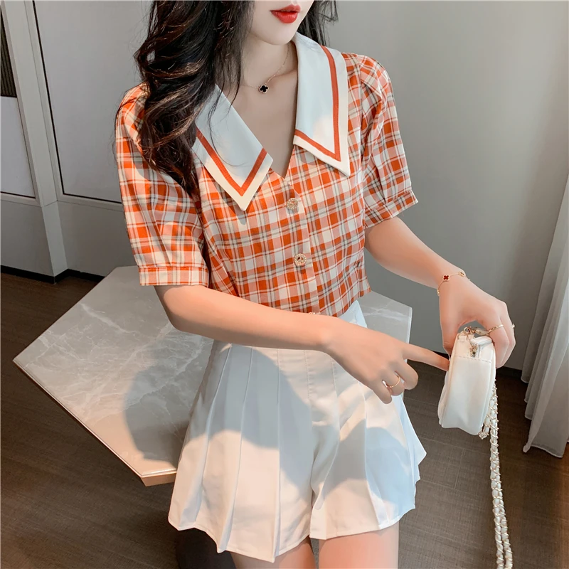

Preppy Style Shirts Womens Summer 2021 Harajuku Plaid Short Tops Sweet Girl Cute Chiffon Short Sleeve Blouse Loose Shirt