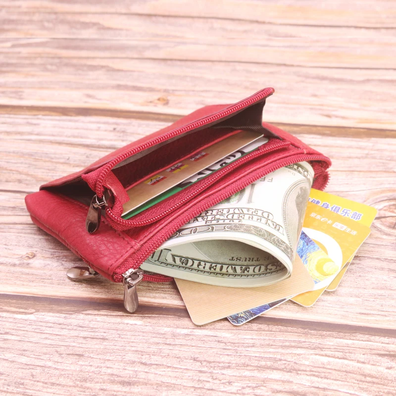 Classics Vintage Small Wallets For Women Top Genuine Cow Leather Slim Coin Purses Short Money Bags Card Holder Key Ring Pouch