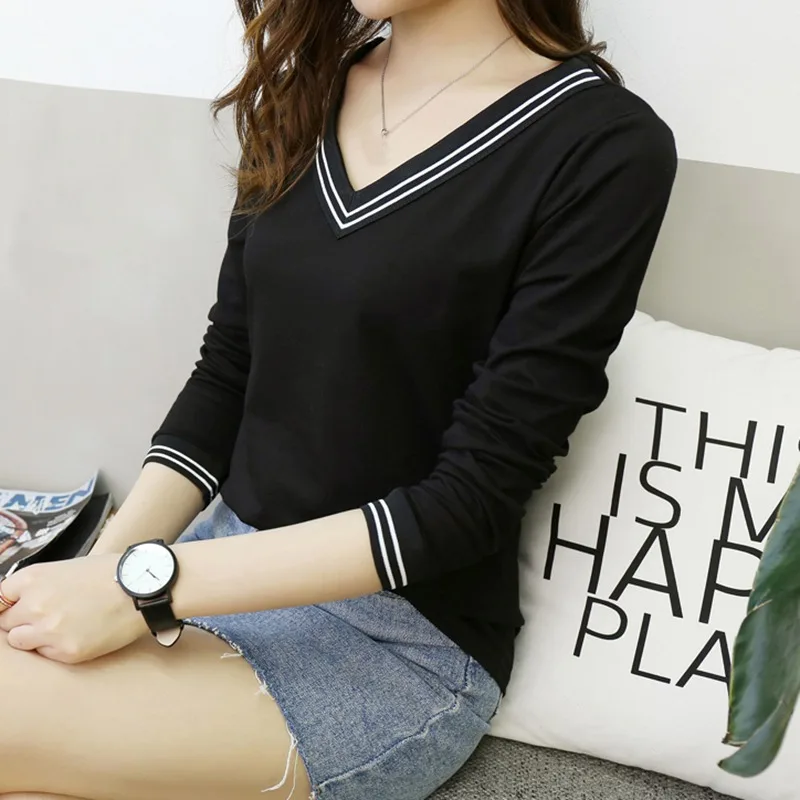 Корейский стиль женская новая хлопковая простая полосатая трикотажная футболка