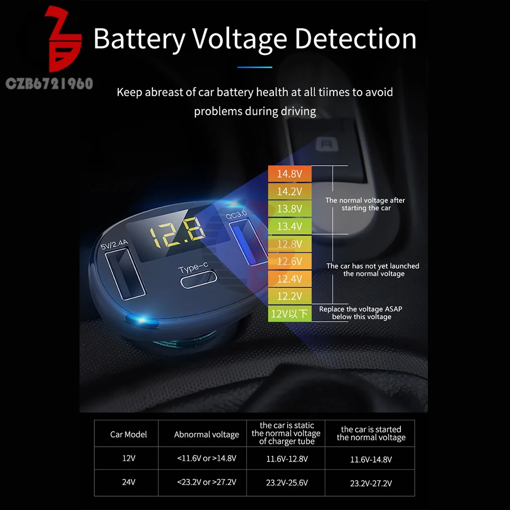 Автомобильное зарядное устройство Type C USB QC3.0 QC2.0 быстрое автомобильное вольтметр