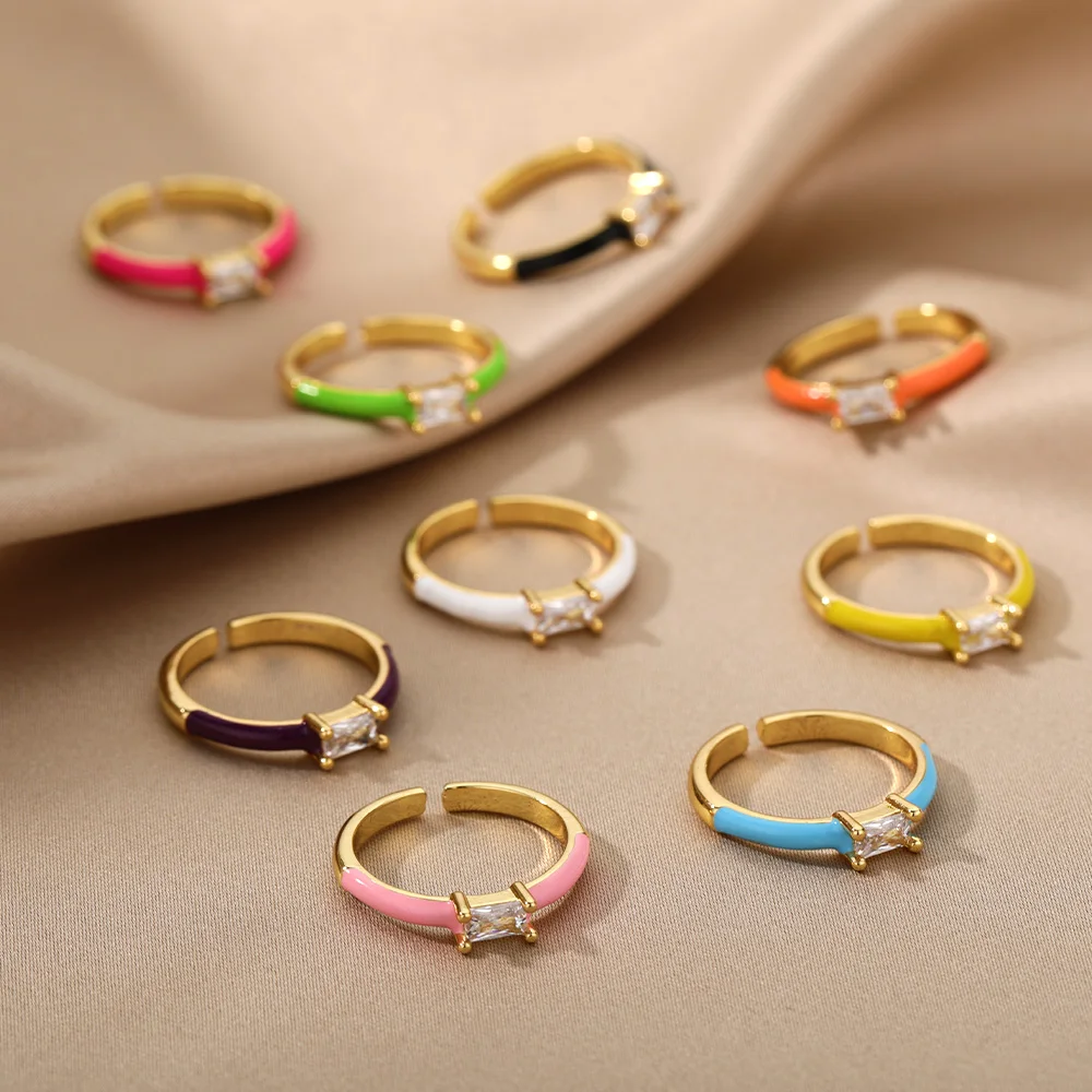 

Multicolor Zircon Enamel Adjustable Finger Rings For Women Fashion 9 Colors Gold Plated Metal Finger Ring Party Jewelry Gift