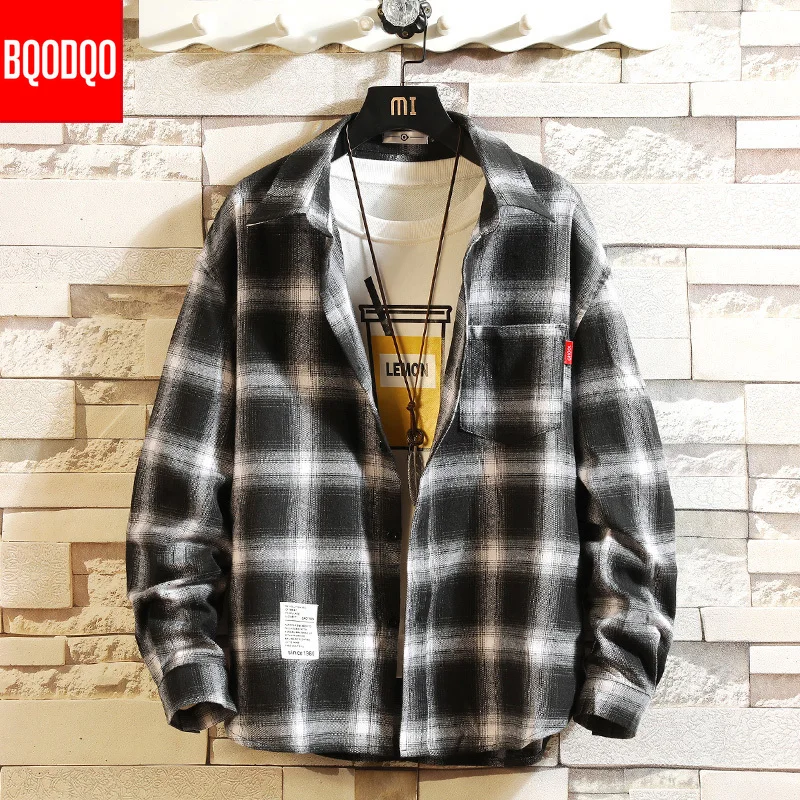 Рубашка мужская хлопковая в клетку Повседневная Уличная одежда стиле преппи