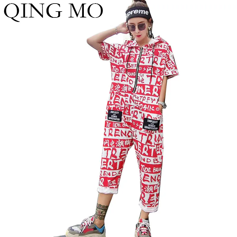 QING MO черный красный женский комбинезон с буквенным принтом капюшоном женские